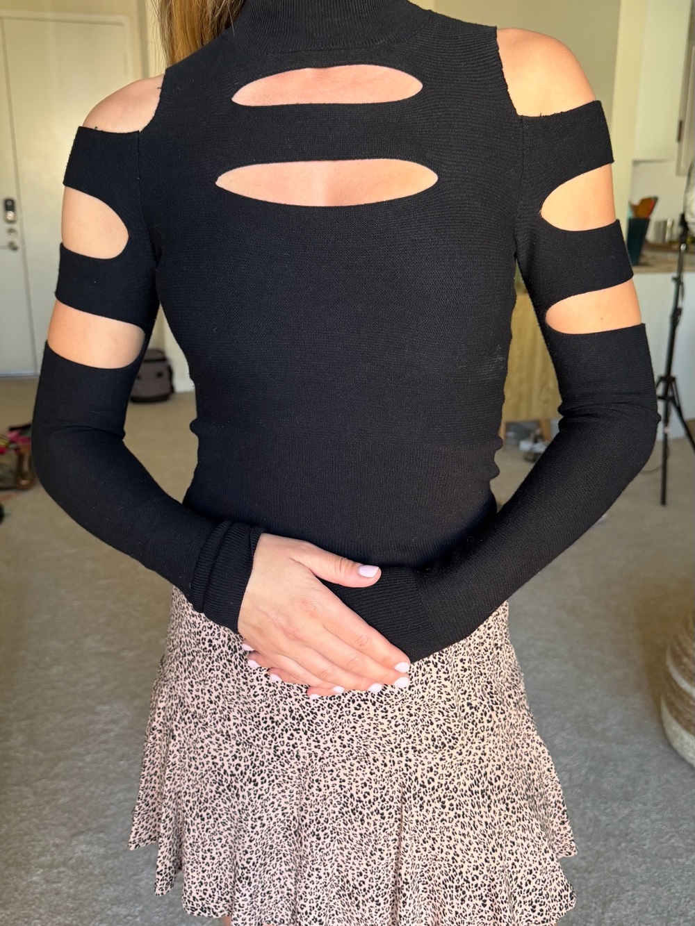Express Women’s Black Long Sleeve Cut Out Ribbed Crop Sweater